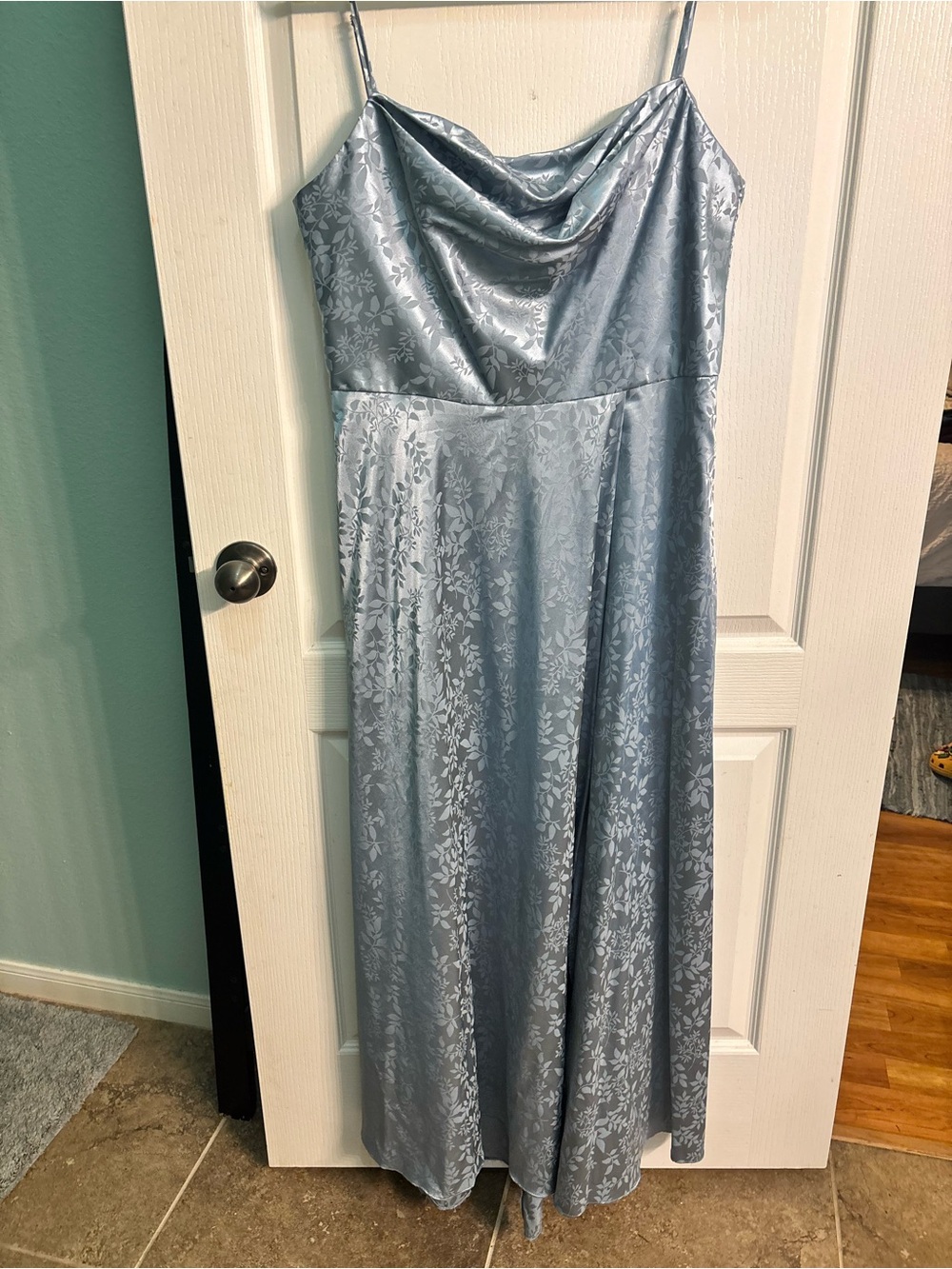 David's Bridal Dove Blue Floral Jacquard Cowl Slip Dress
